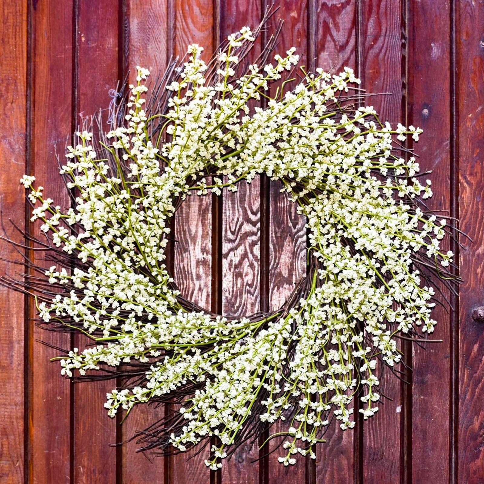 Red Co. Artificial Flower Bouquet Snow Heather, Natural Twig Spring Floral Wreath - Home Decor for Front Door or Indoor Wall - 24