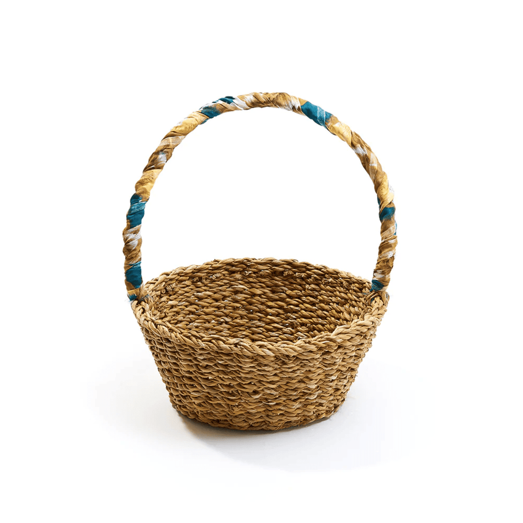 Woven Harvest Basket with Upcycled Sari Trim - Assorted