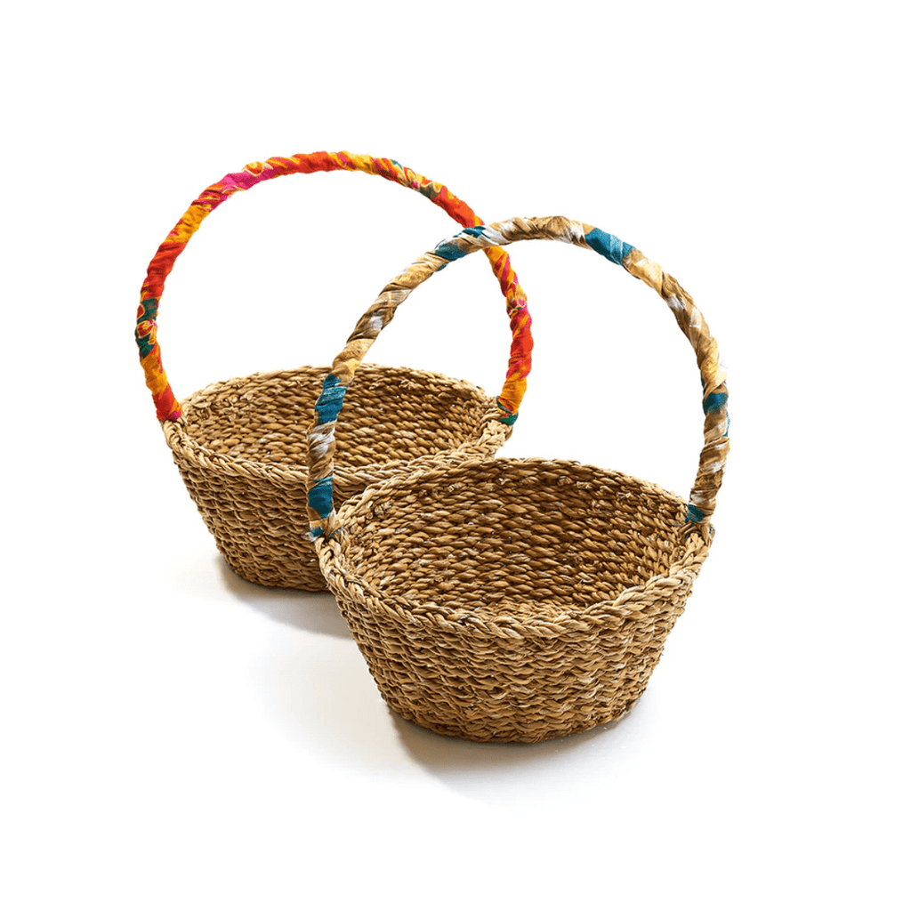 Woven Harvest Basket with Upcycled Sari Trim - Assorted
