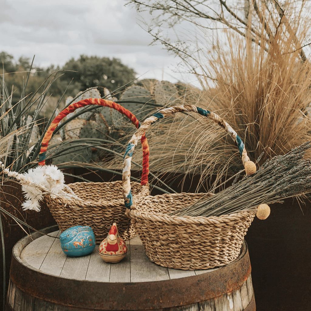 Woven Harvest Basket with Upcycled Sari Trim - Assorted
