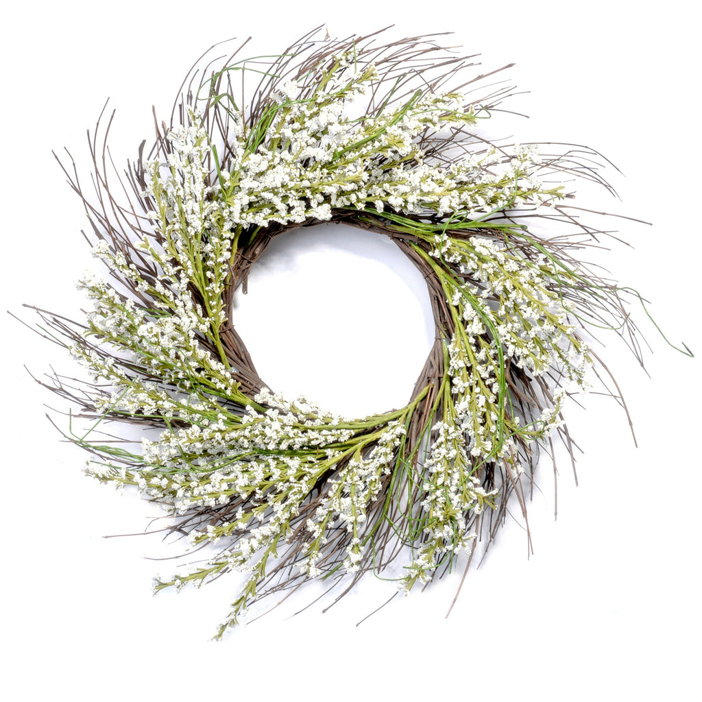 Red Co. Artificial Flower Bouquet Snow Heather, Natural Twig Spring Floral Wreath - Home Decor for Front Door or Indoor Wall - 24