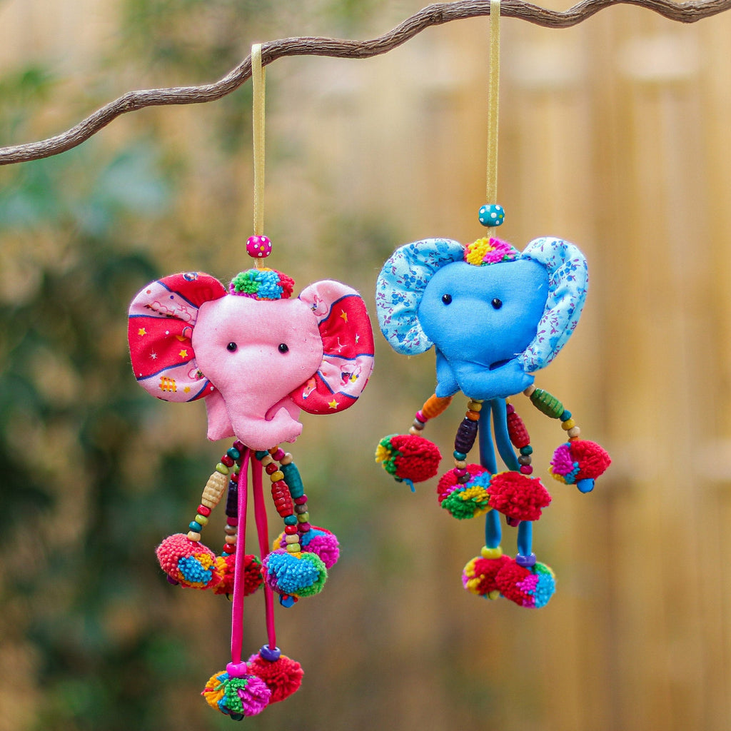 Artisan Crafted Cotton-Blend Ornaments (Pair) - Mini Tusk in Pink-Blue