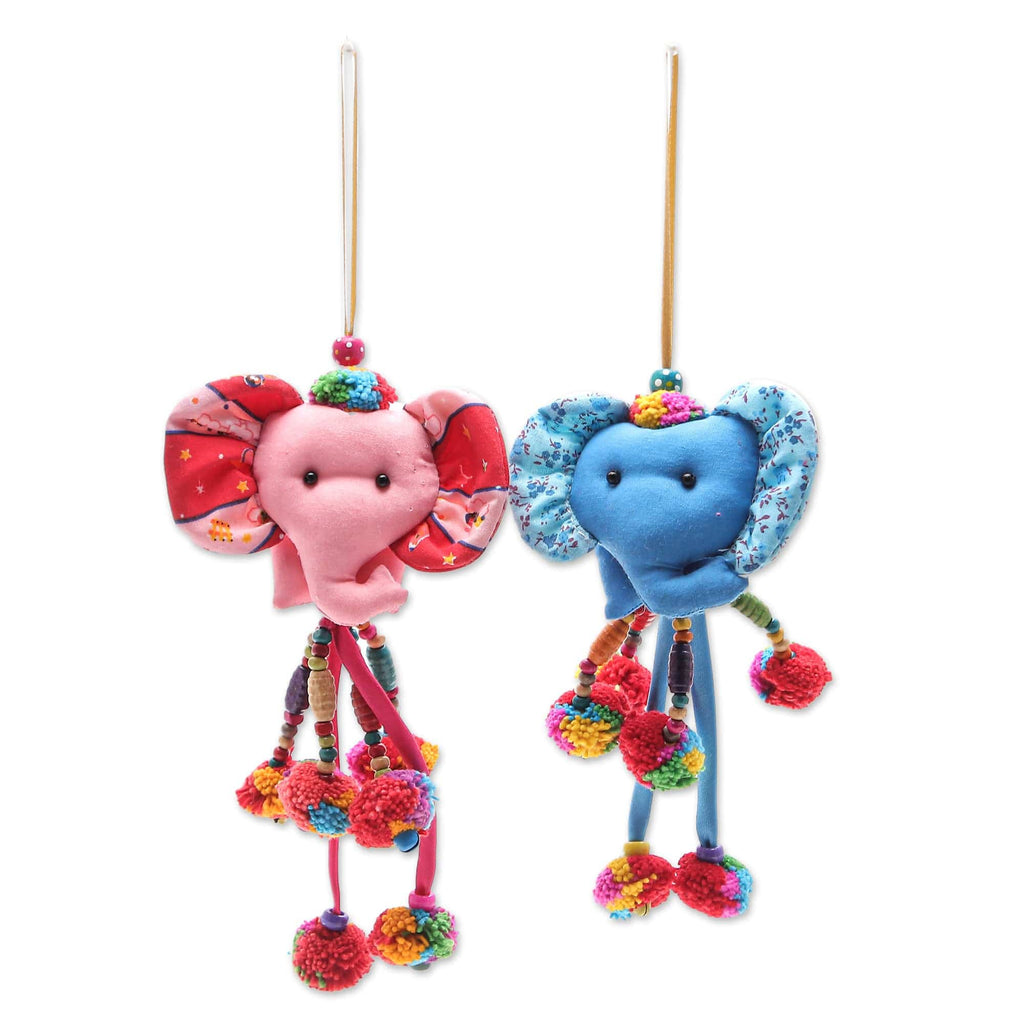 Artisan Crafted Cotton-Blend Ornaments (Pair) - Mini Tusk in Pink-Blue