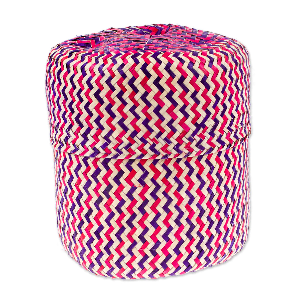 Fuchsia Basket with Lid Hand-Woven from Palm Fiber in Mexico - Tiger in Fuchsia
