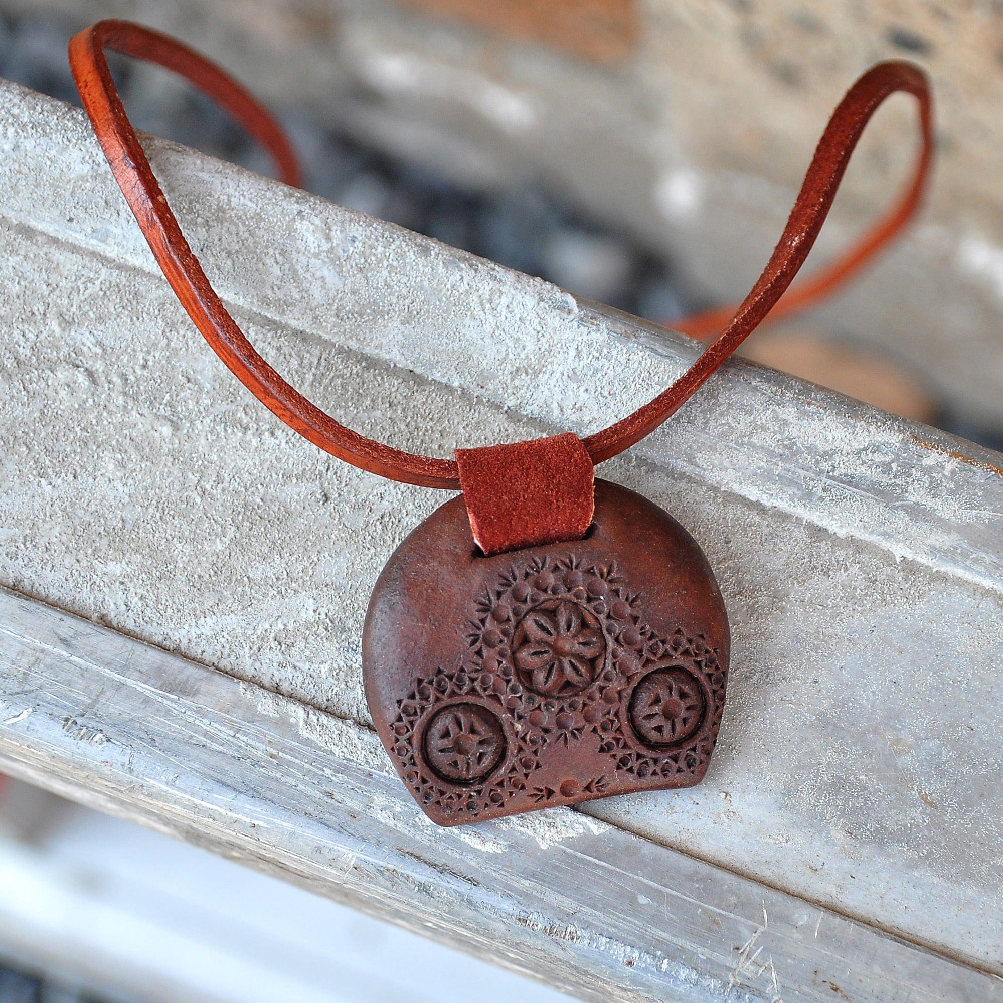 Leather Choker Necklace with Wooden Armenian Pendant - Armenian Daisy