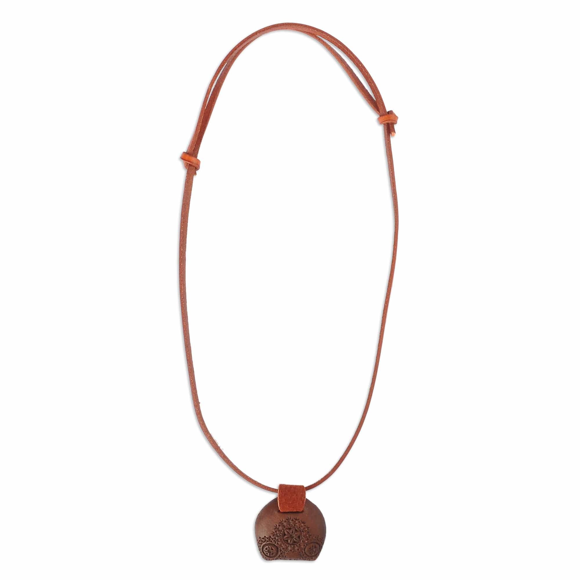 Leather Choker Necklace with Wooden Armenian Pendant - Armenian Daisy