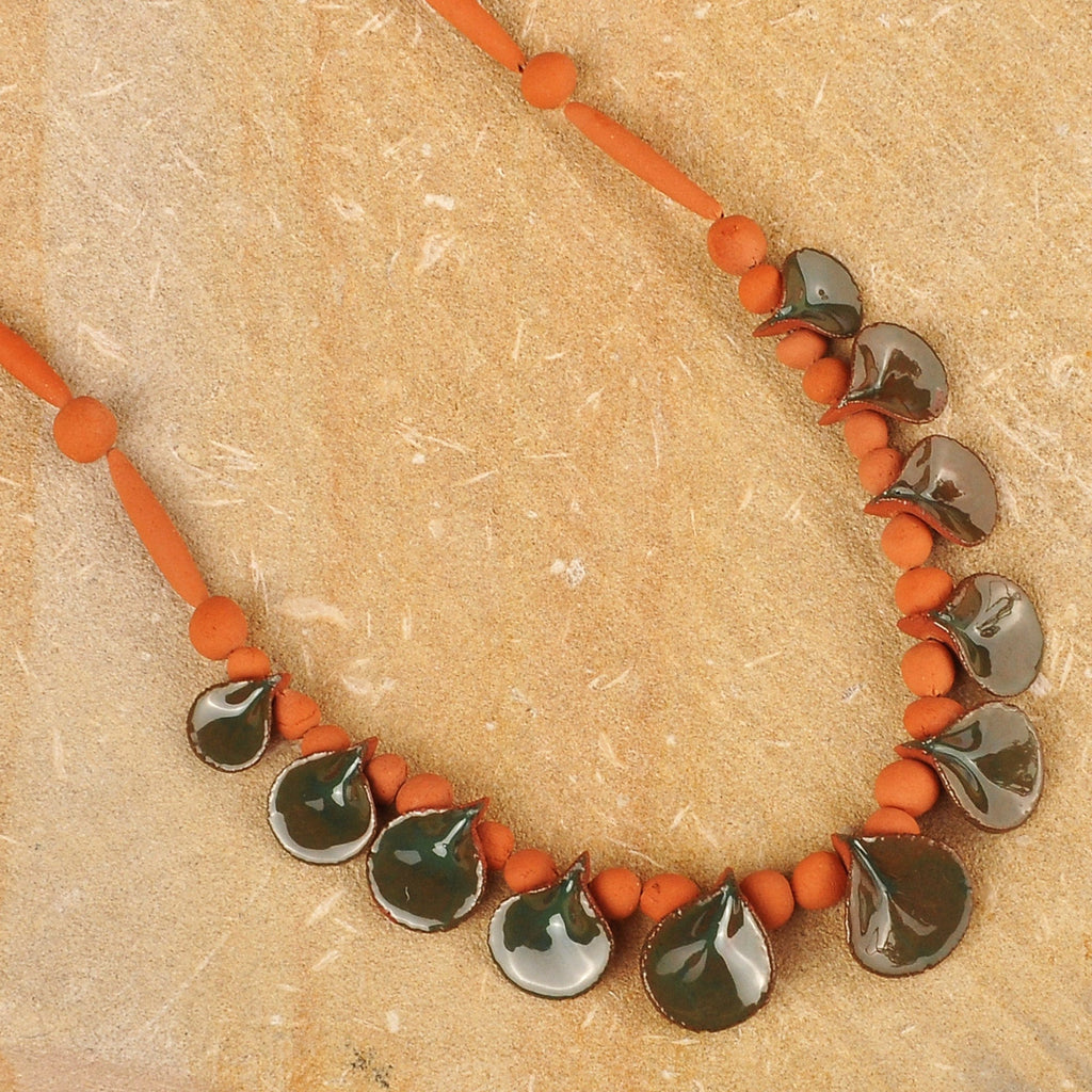 Hand-Painted Green & Orange Ceramic Beaded Droplet Necklace - Exquisite Droplets