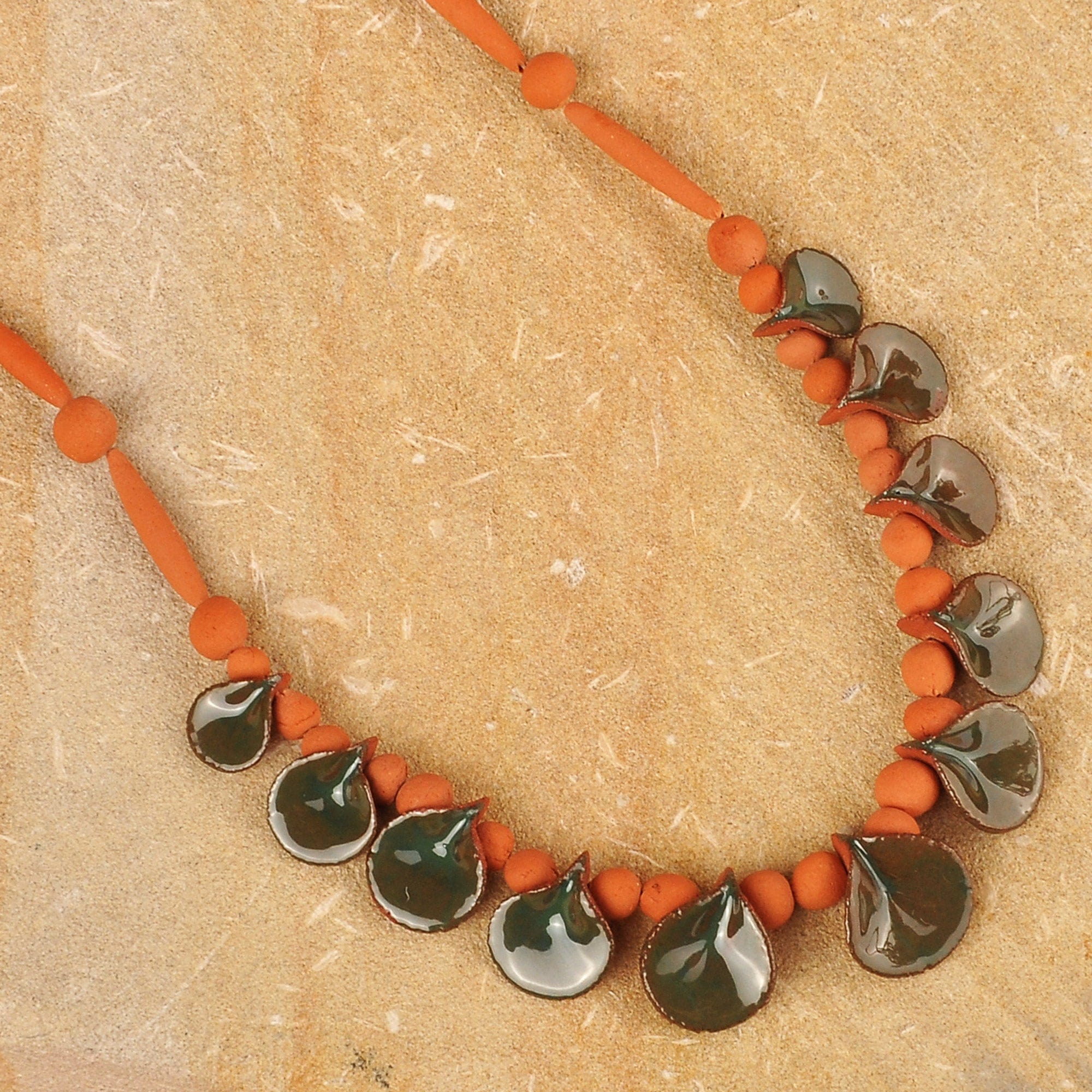 Hand-Painted Green & Orange Ceramic Beaded Droplet Necklace - Exquisite Droplets