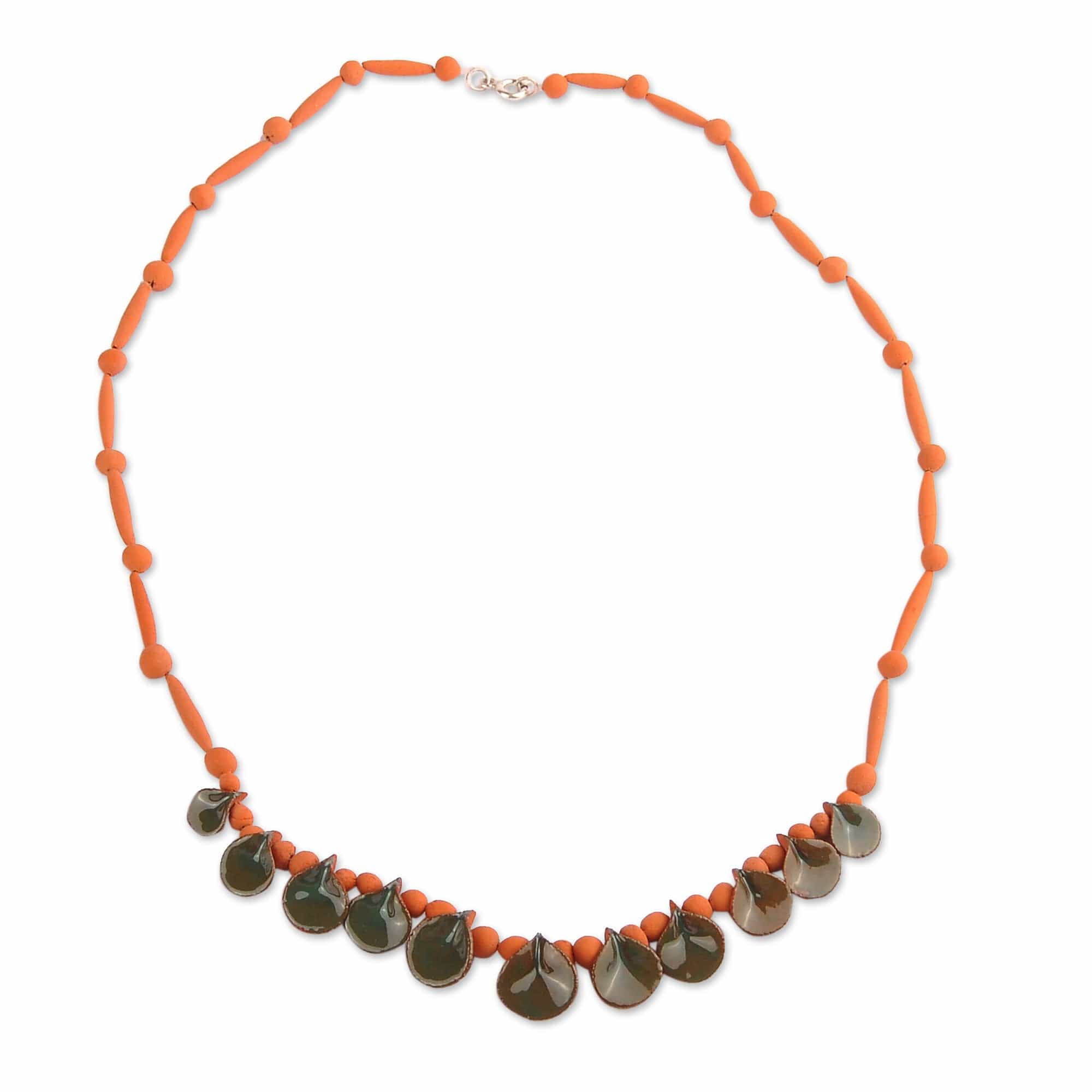 Hand-Painted Green & Orange Ceramic Beaded Droplet Necklace - Exquisite Droplets