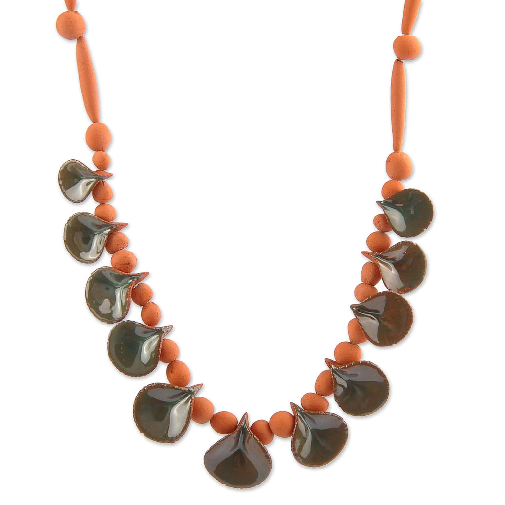Hand-Painted Green & Orange Ceramic Beaded Droplet Necklace - Exquisite Droplets