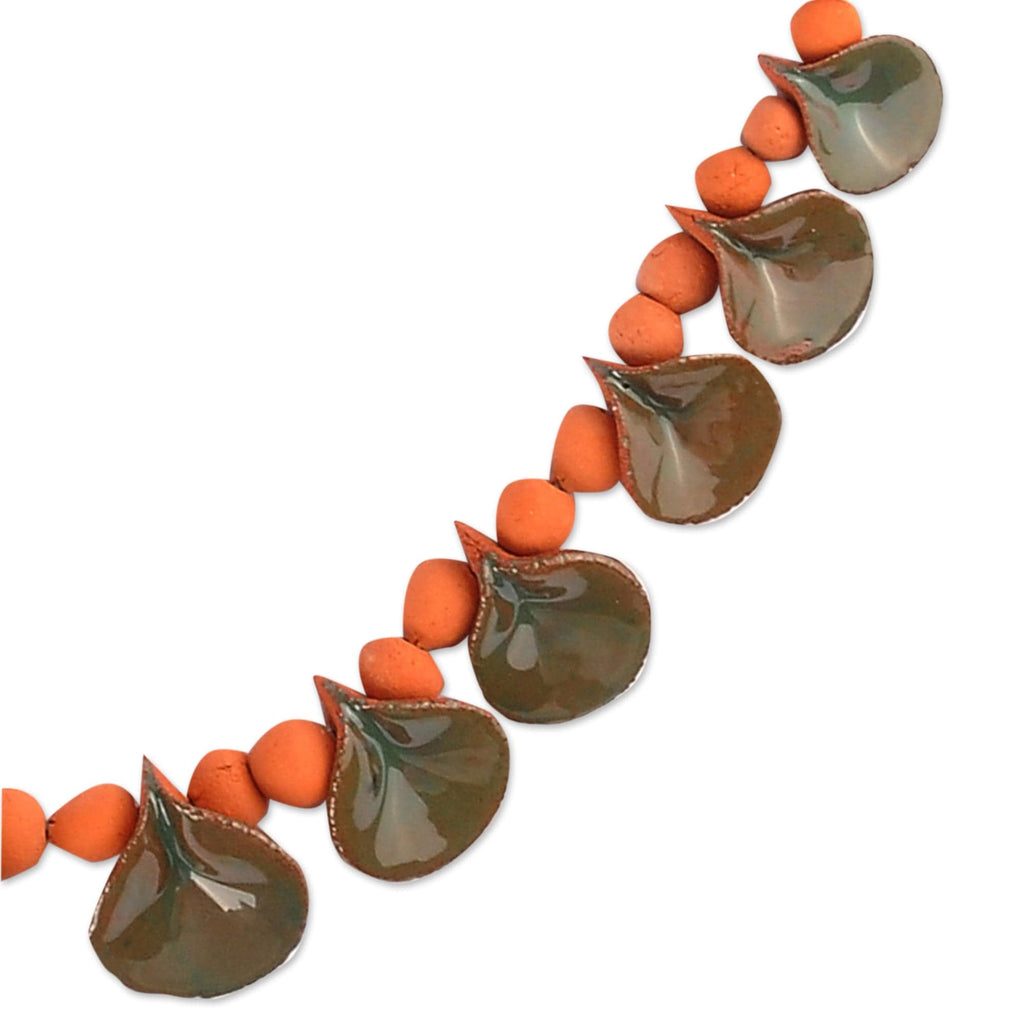 Hand-Painted Green & Orange Ceramic Beaded Droplet Necklace - Exquisite Droplets