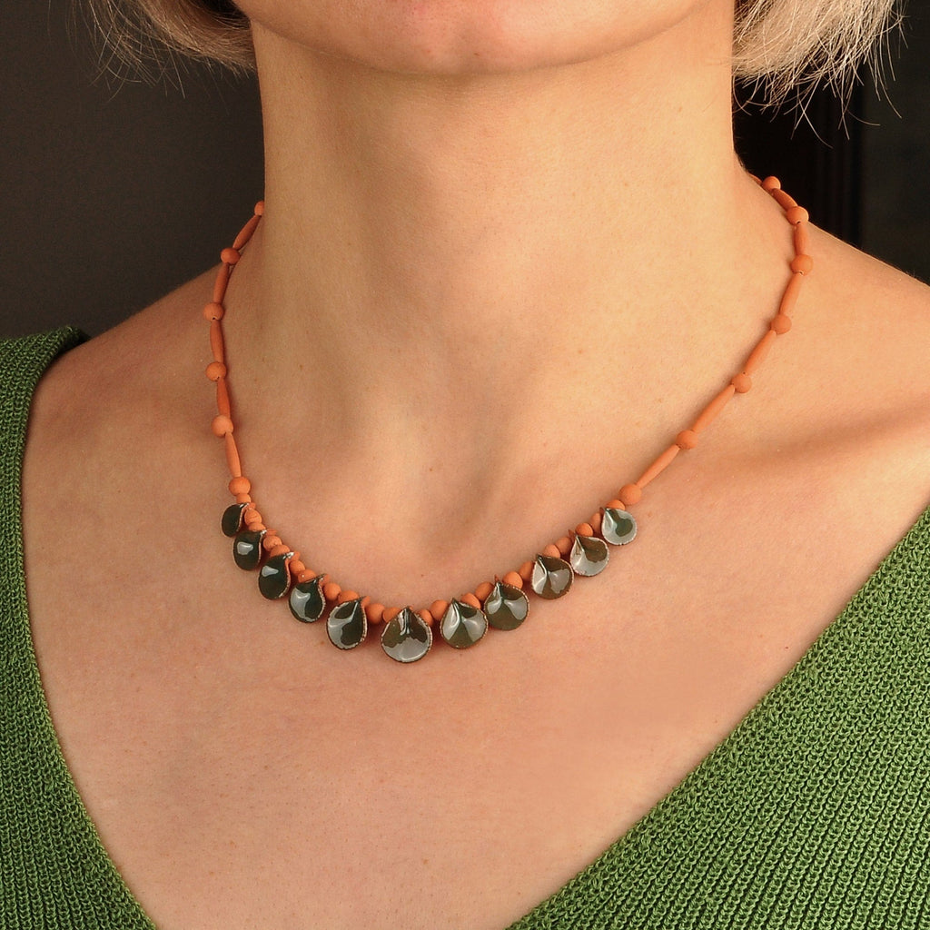 Hand-Painted Green & Orange Ceramic Beaded Droplet Necklace - Exquisite Droplets