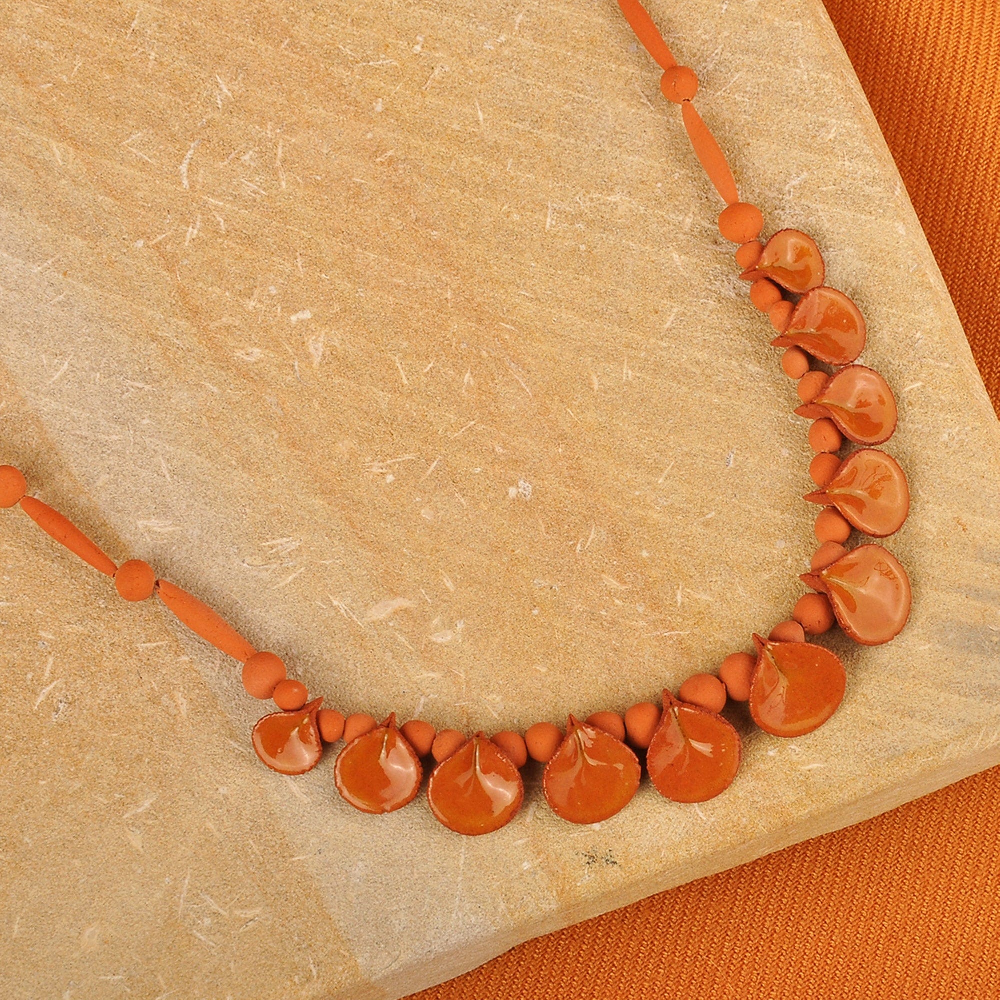 Hand-Painted Ceramic Beaded Droplet Necklace in Orange - Spicy Droplets