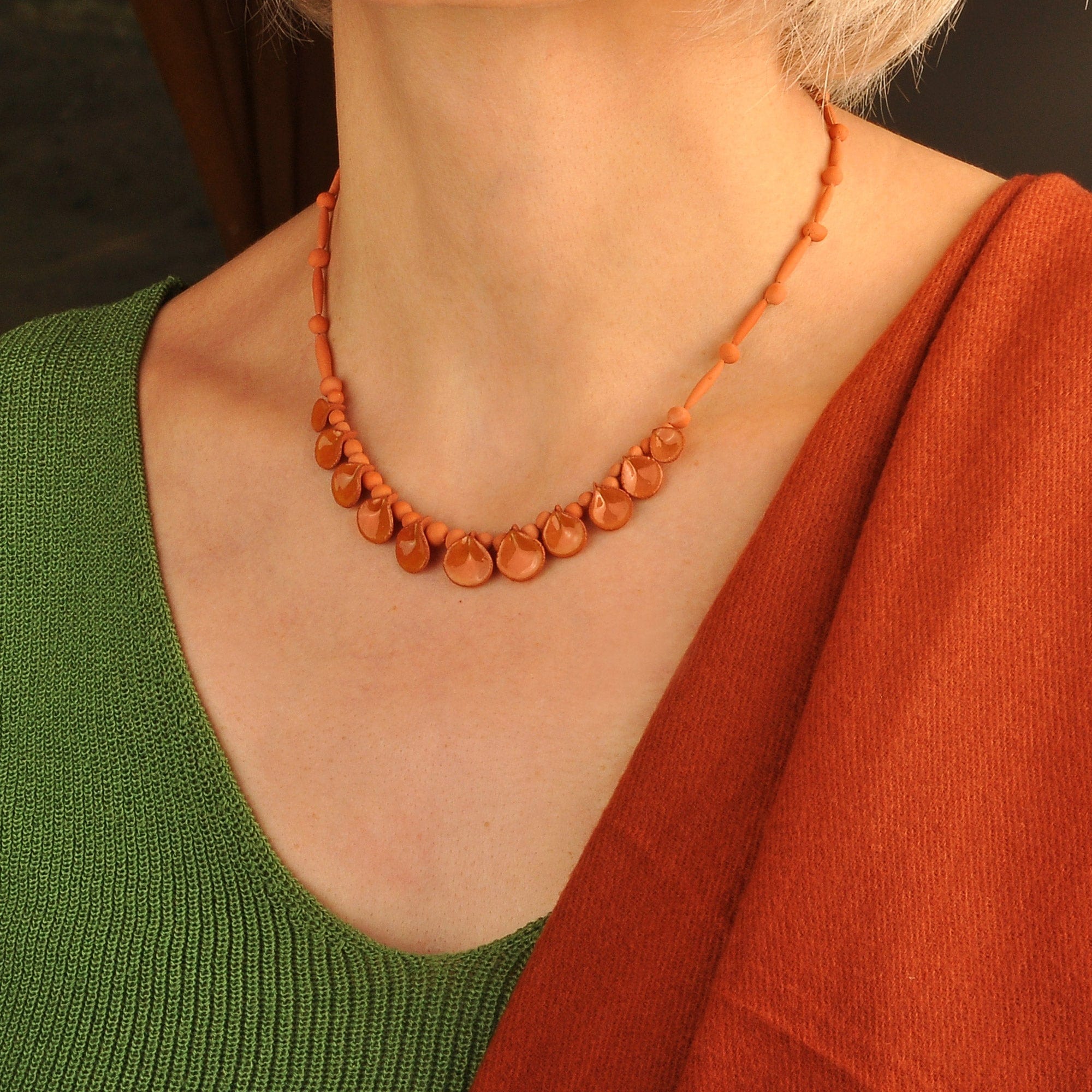 Hand-Painted Ceramic Beaded Droplet Necklace in Orange - Spicy Droplets
