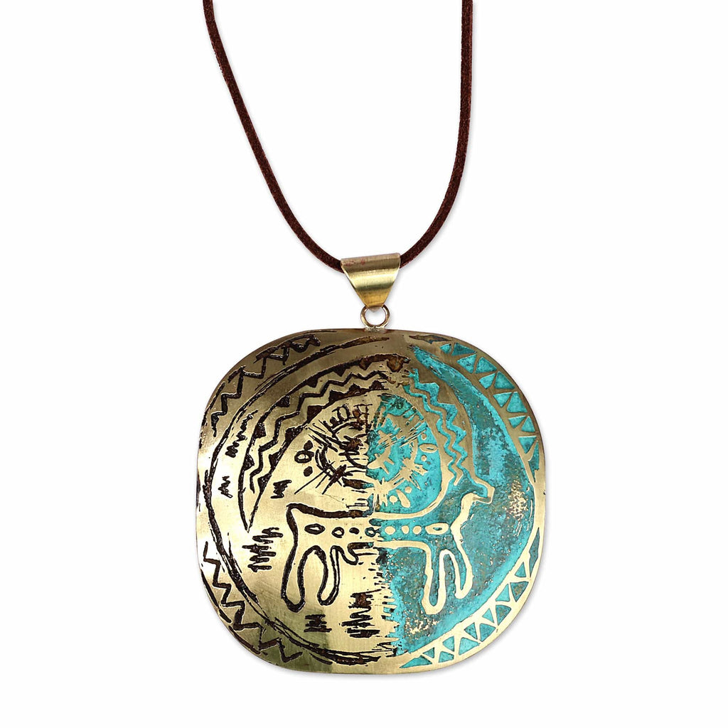 Armenian Sun & Goat Petroglyph-Themed Brass Pendant Necklace - Petroglyphs