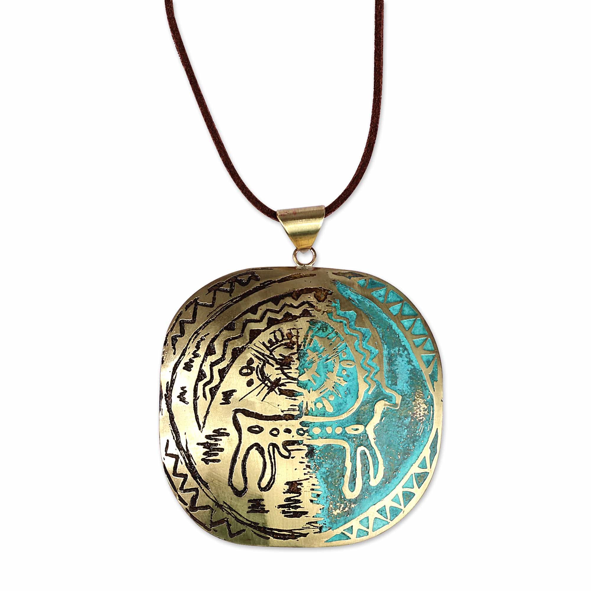 Armenian Sun & Goat Petroglyph-Themed Brass Pendant Necklace - Petroglyphs