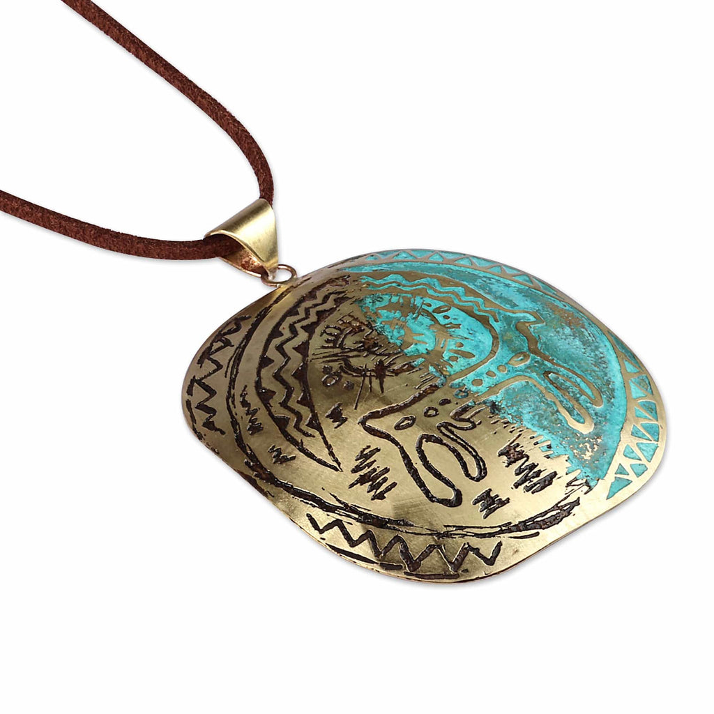 Armenian Sun & Goat Petroglyph-Themed Brass Pendant Necklace - Petroglyphs