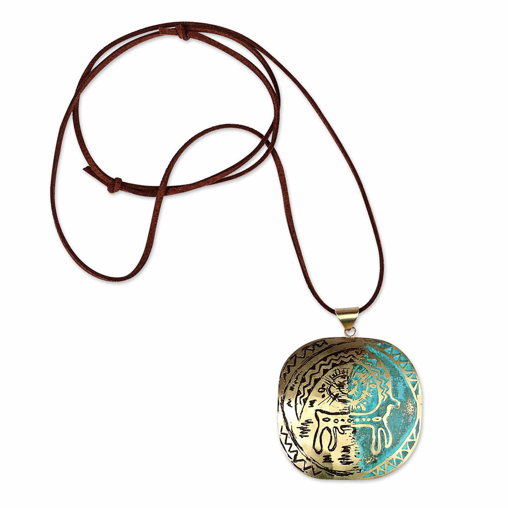 Armenian Sun & Goat Petroglyph-Themed Brass Pendant Necklace - Petroglyphs