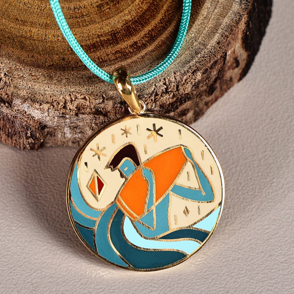 Painted 18k Gold-Plated Aquarius Enamel Pendant Necklace - The Aquarius Emblem