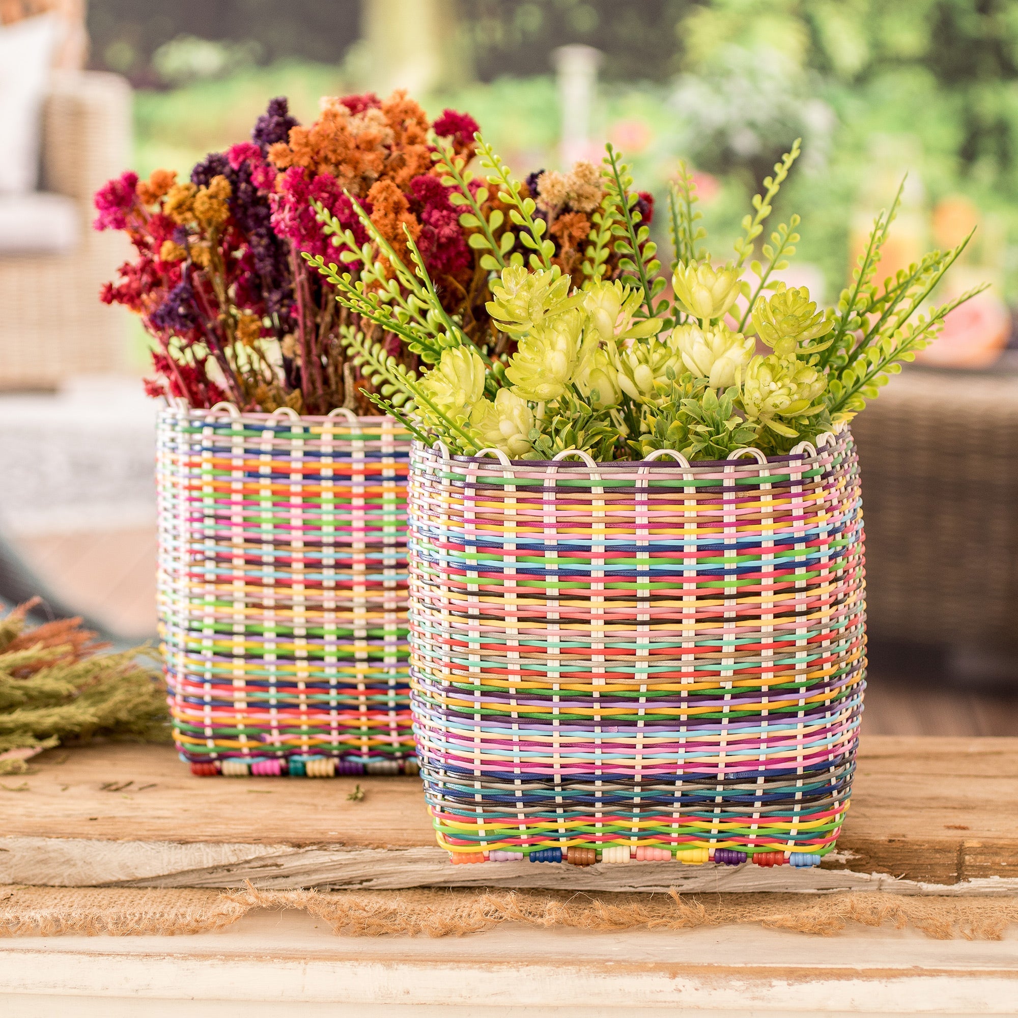 Set of 2 Handcrafted Colorful Recycled Plastic Baskets - Eco-Joy
